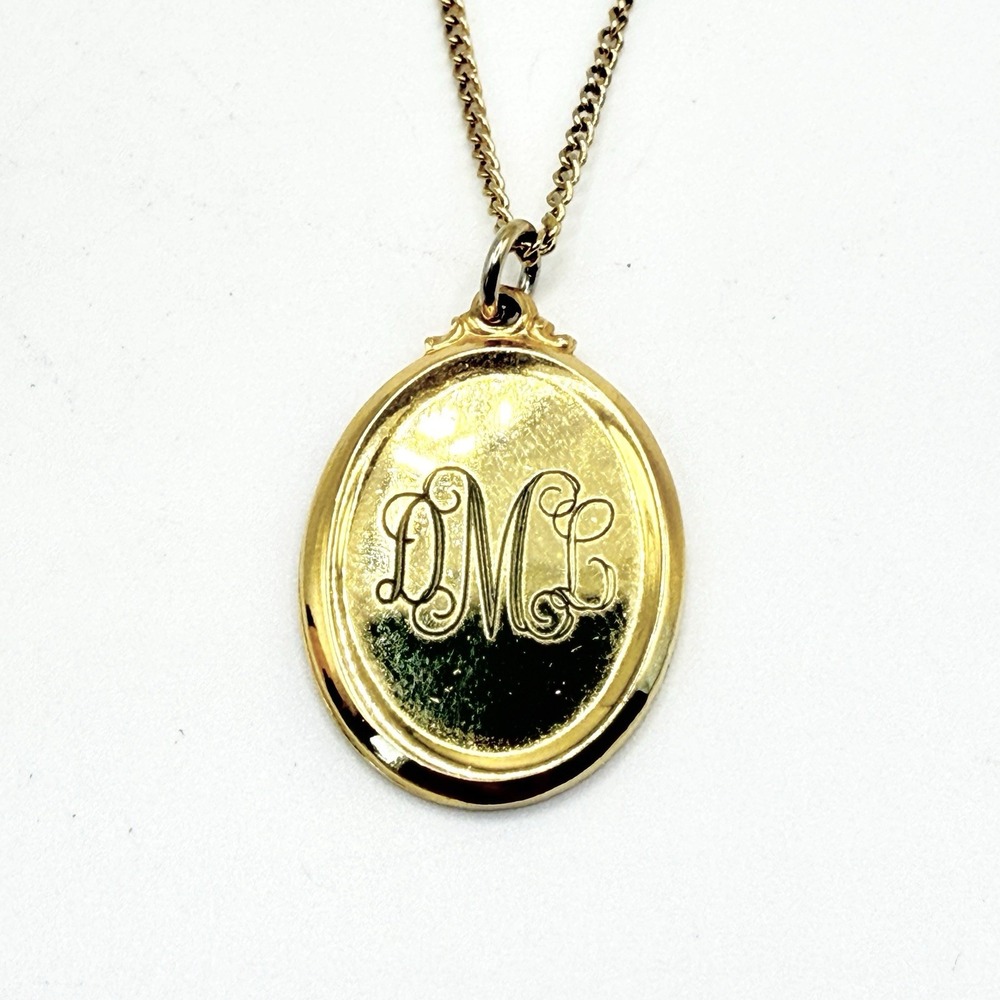 Vintage MCM Gold Tone Monogram Pendant Necklace 16" Vintage Script DML